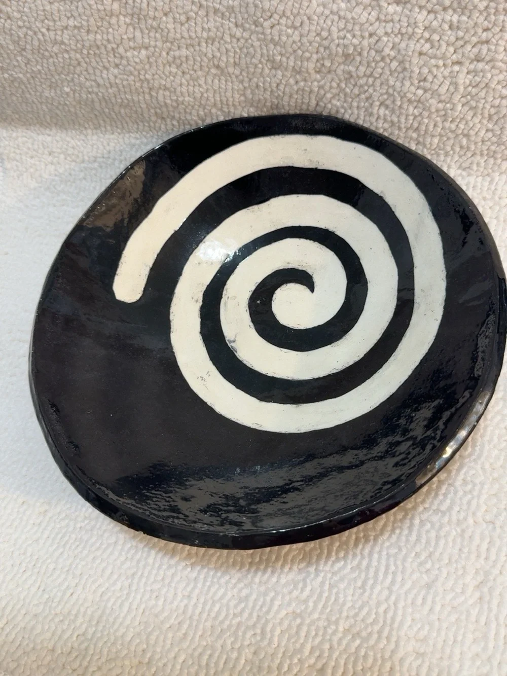 Handmade Ceramic Halloween Candy Bowl Black White Spiral Pottery 9”